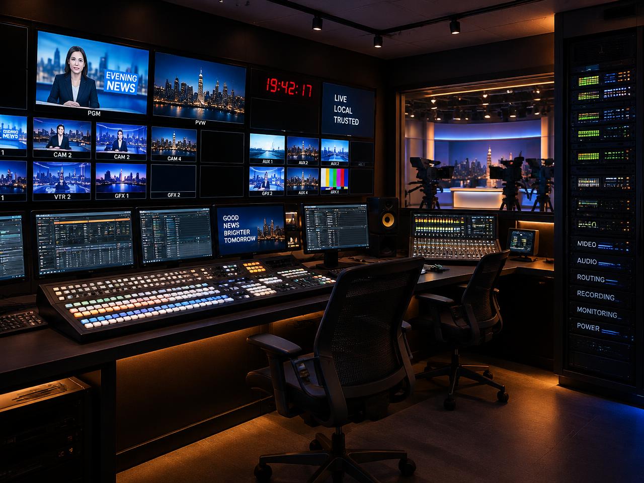 Broadcast control room with a monitor wall, switcher desk and equipment racks